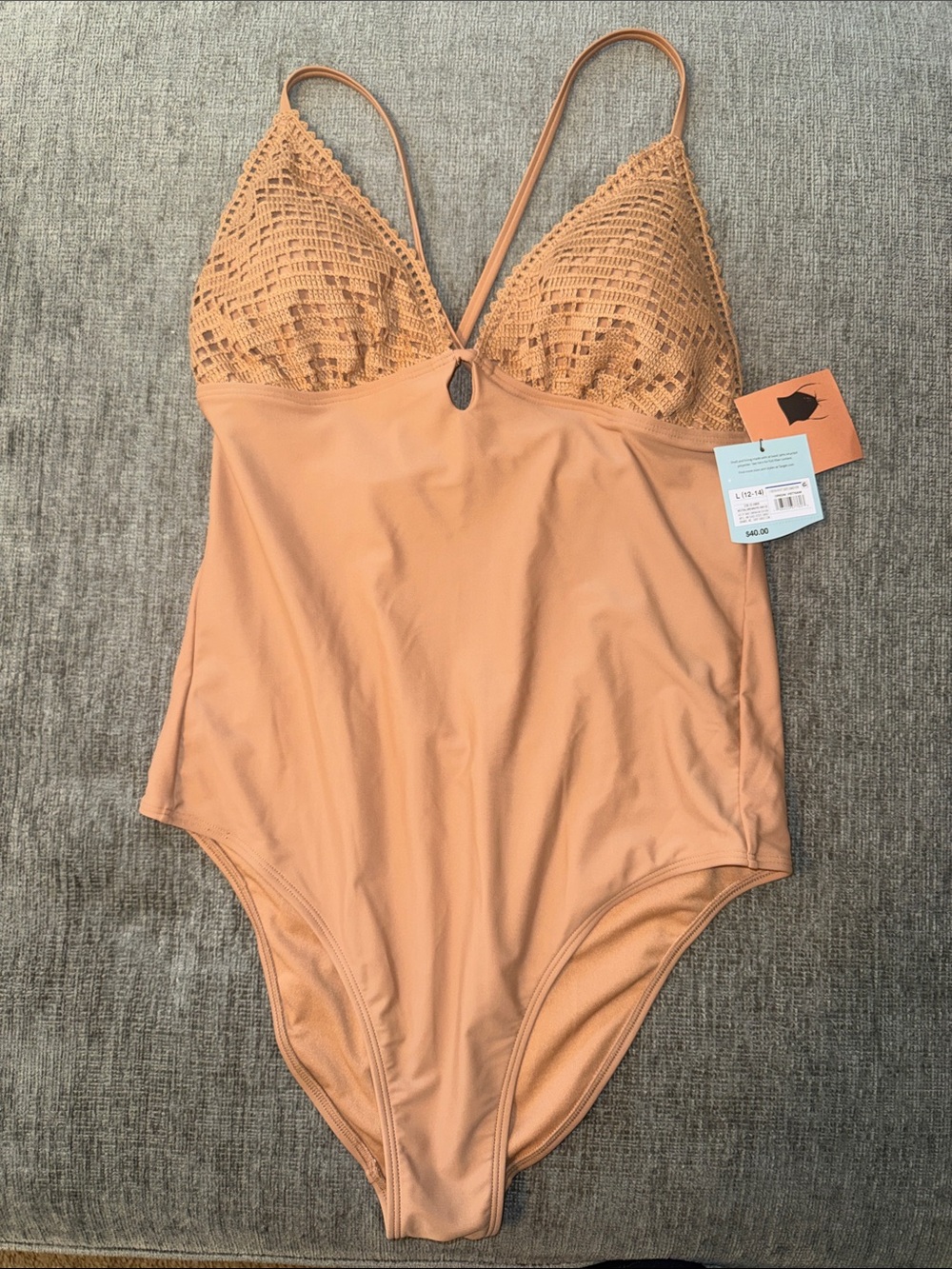 Large Shade & Shore Crochet-Trim One-Piece Swimsuit in Peachy Nude NEW